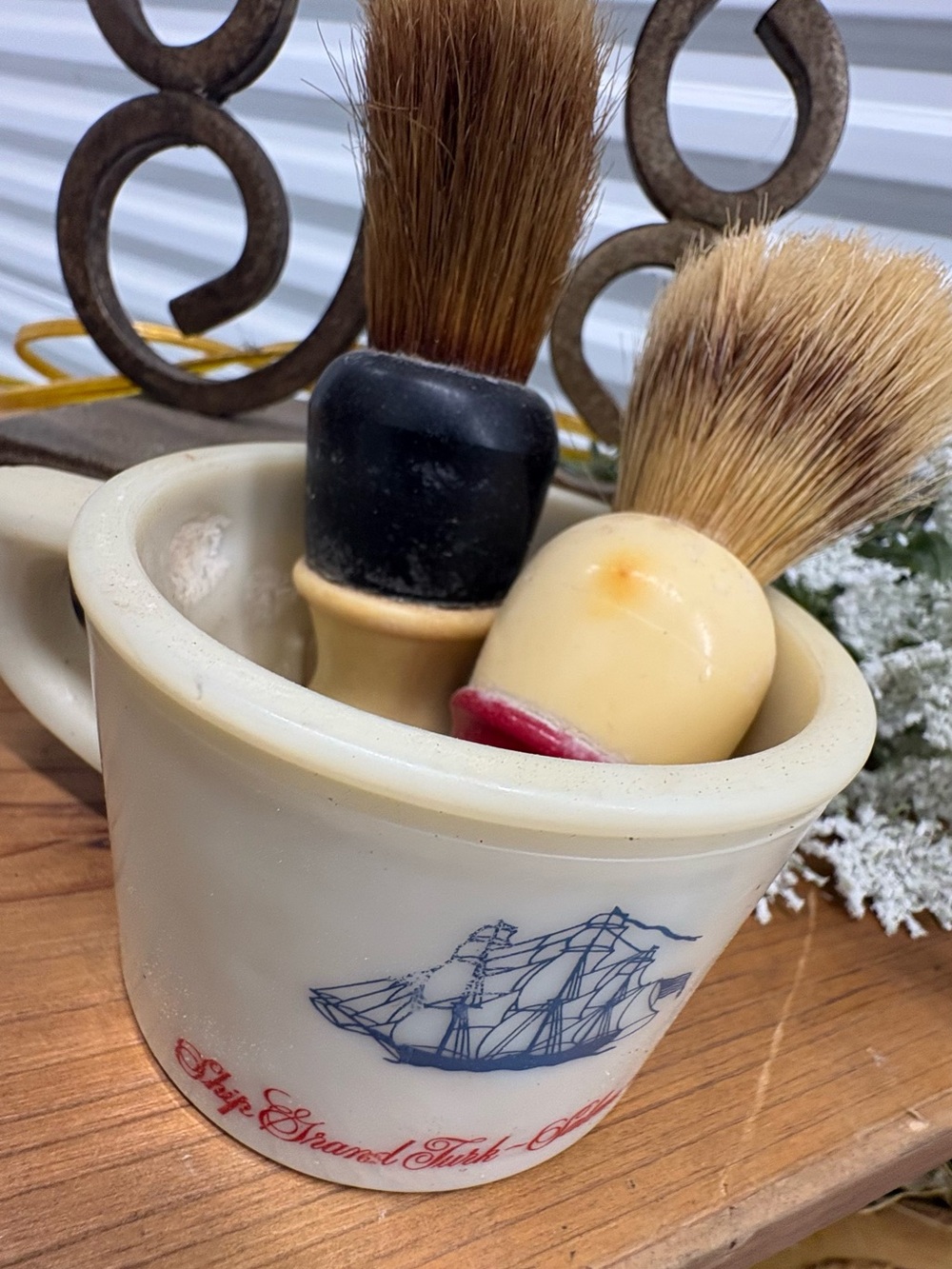 Vintage Cream Shaving Mug with Ivory and Black Brush Handles